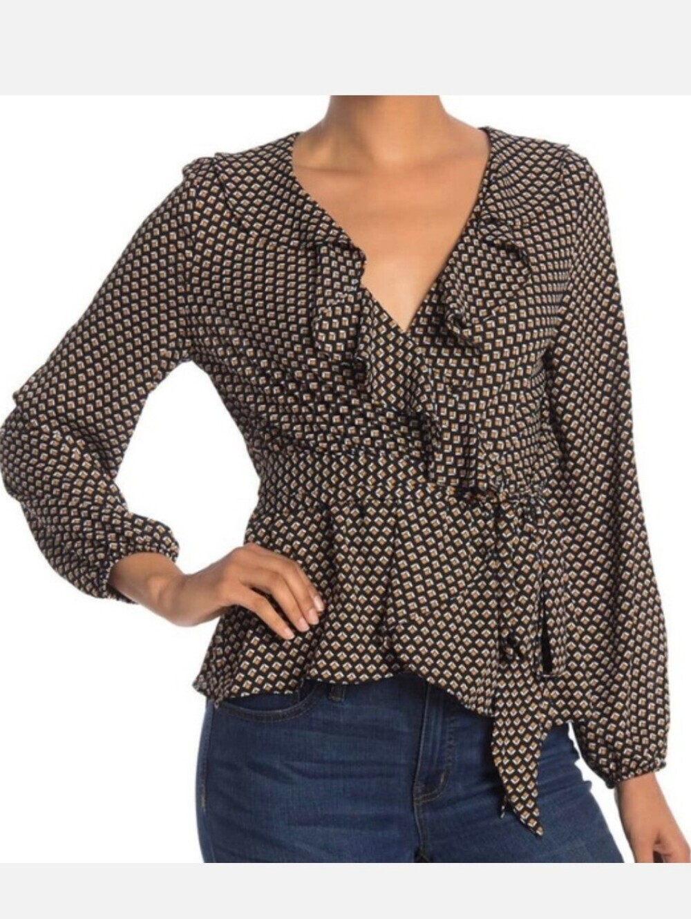 Max Studio Wrap Front Ruffle Blouse Size M Long Sleeve Black And Yellow EUC